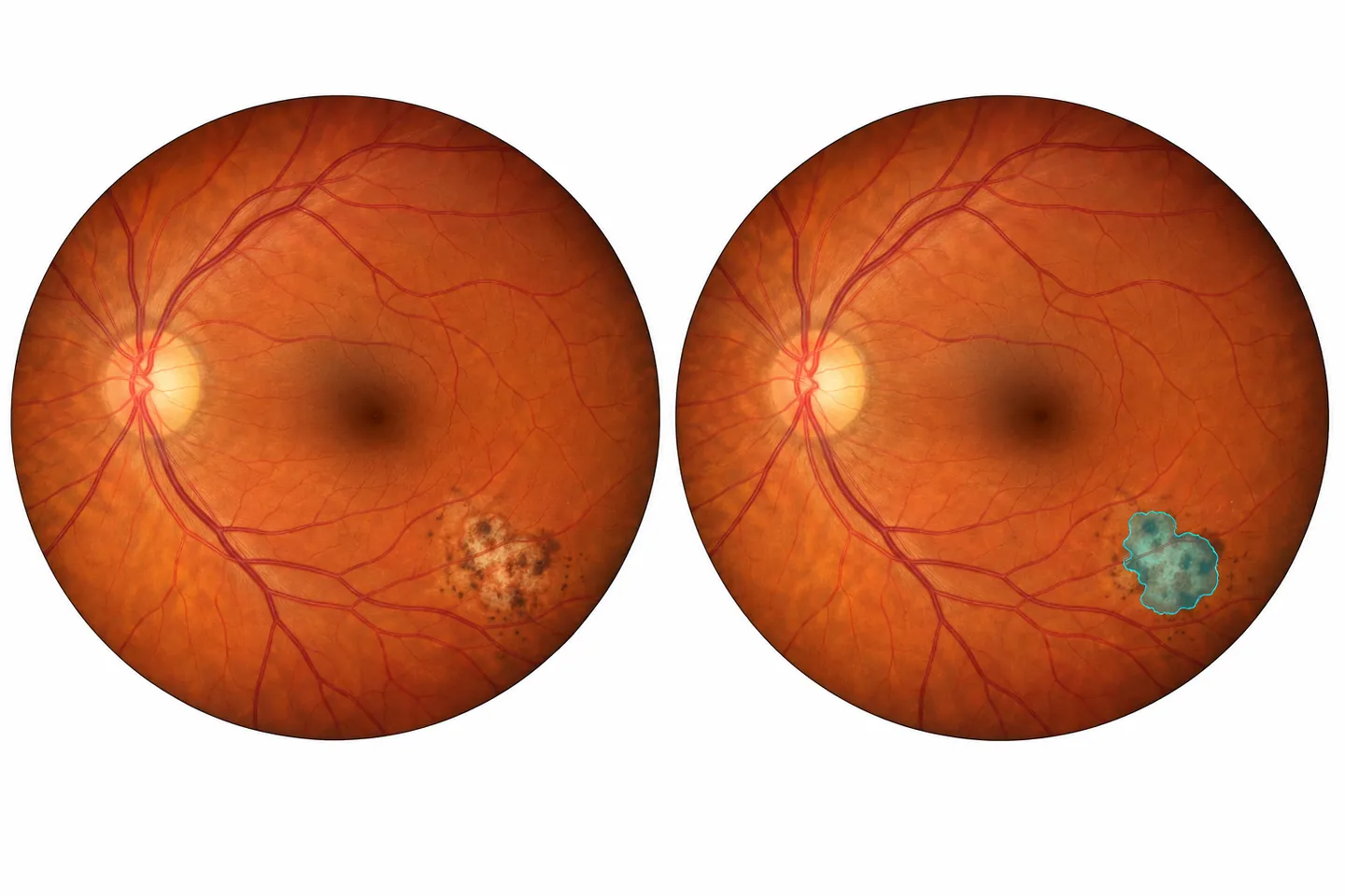 Synthetic retinal fundus image beside the same view with a cyan lesion segmentation overlay