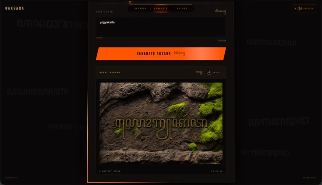 Original GAKSARA prototype result canvas with the generated Javanese image and image-export control